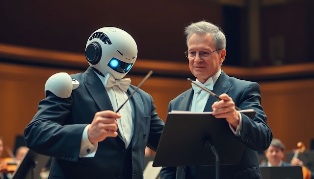 Conductor and robot collaborate on music.