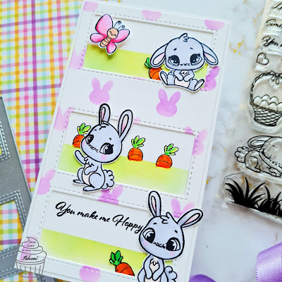 Crafty Meraki Don't worry be hoppy stamp set, Crafty Meraki 3 room studio die set, Funny bunny stencil Crafty Meraki, Easter card with rabbits, quillish, Mini slim line card,