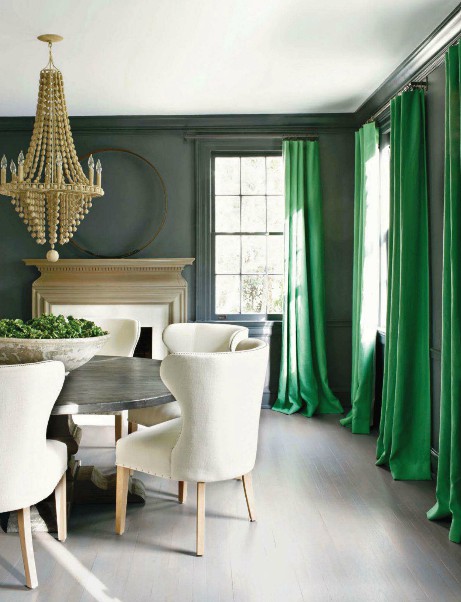 Check out these gorgeous green curtains against the gray walls Fabulous