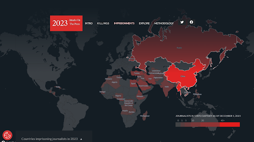 global map with countires colored to show the numbers of journalists imprisoned in 2023