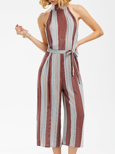  Stripe Backless Wide Leg Jumpsuit