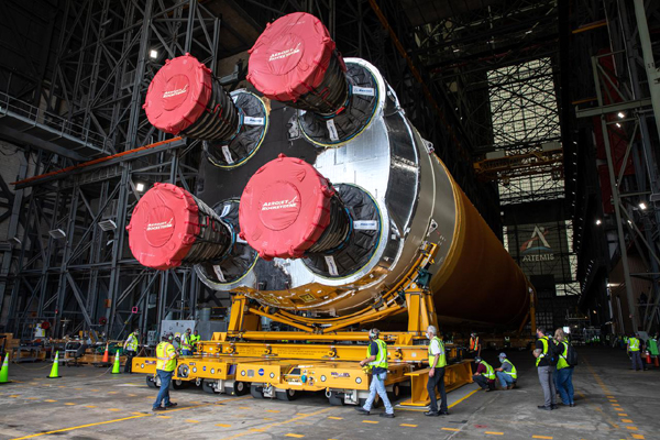 The SLS core stage booster for Artemis 1 now sits inside the Vehicle Assembly Building at NASA's Kennedy Space Center in Florida...on April 29, 2021.