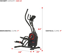 Sunny Health & Fitness SF-E3919 Cardio Climber's dimensions: vertical height climb of 9” and a horizontal stride step of 7”, footprint 44" long x 25" wide x 64" high