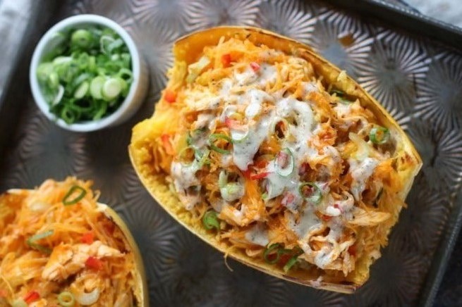 Buffalo Chicken Stuffed Spaghetti Squash #paleo #glutenfree