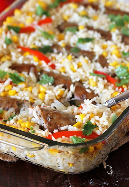 Baked Sausages and Rice with Peppers & Corn Image