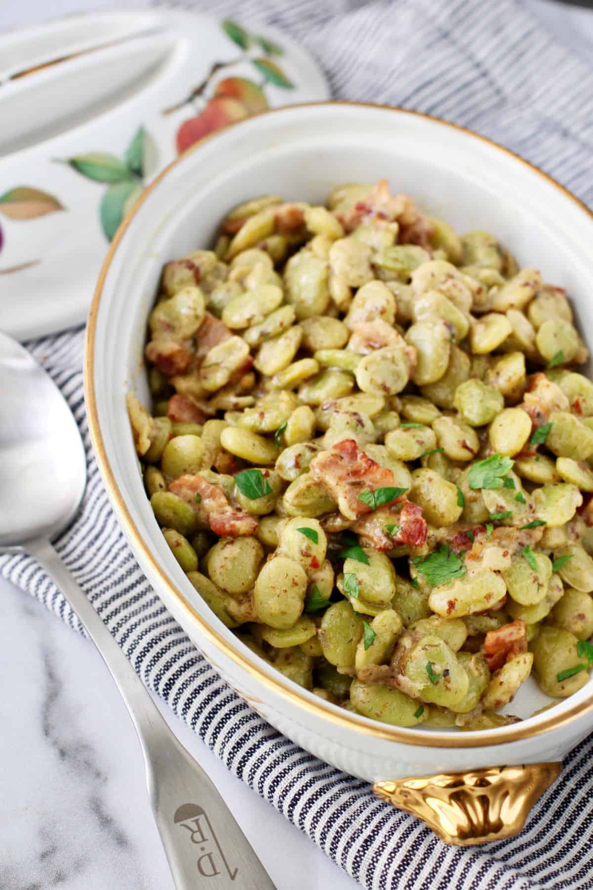 Creamed Lima Beans with Bacon in a casserole dish.