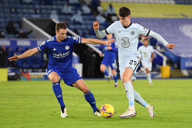 Evans mark Havertz during Chelsea vs Leicester in the Premier League