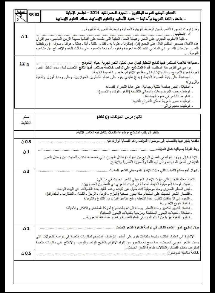 الامتحان الوطني الموحد للباكالوريا، مادة اللغة العربية، مسلك العلوم الإنسانية / الدورة الاستدراكية 2014