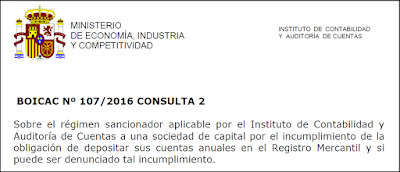 BOICAC 107 Consulta 2 Auditoría   Sobre el régimen sancionador aplicable por el Instituto de Contabilidad y Auditoría de Cuentas a una sociedad de capital por el incumplimiento de la obligación de depositar sus cuentas anuales en el Registro Mercantil y si puede ser denunciado tal incumplimiento.