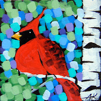 cardinal painting, paintings of spring cardinals, paintings of male and female cardinals, aaron kloss art painting, duluth art, minnesota landscape painting, pointillism