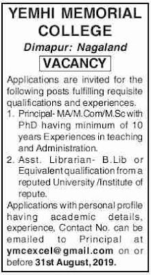 Post of Assistant Librarian Yemhi Memorial College, Dimapur, Nagaland: