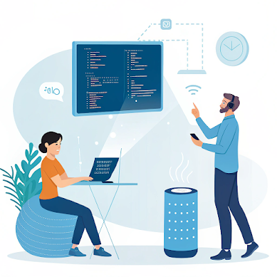 A coder speaking to a smart assistant, while code dynamically appears on a floating screen. Bright tones, futuristic minimal design. Emphasis on “human guiding AI.