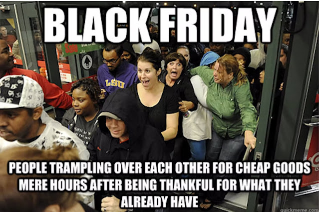 This photo shows a densely-packed crowd on Black Friday. Its caption says, “Black Friday: People trampling over each other for cheap goods mere hours after being thankful for what they already have.”