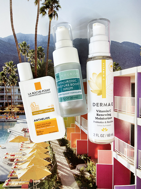 Round-up of affordable drugstore summer skincare products featuring La Roche-Posay Anthelios Ultra-Fluid Lotion SPF, Trader Joe's Hyaluronic Moisture Boost Serum, and Derma E Vitamin C Renewing Moisturizer