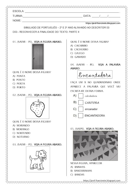 SIMULADO DE PORTUGUÊS – 2º E 3º ANO – ALINHADO AO DESCRITOR 03