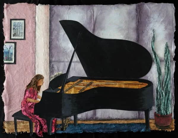 textured paper collage of young girl playing grand piano