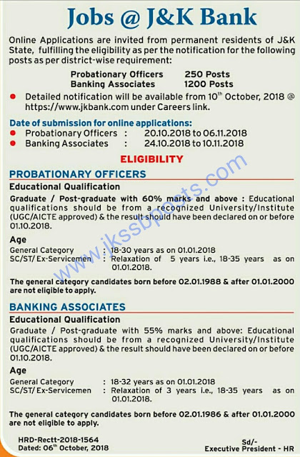 J&K Bank Recrutment 2018 for POs and Banking associates