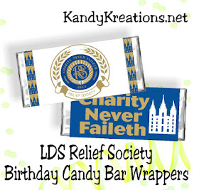 Make your Relief Society Birthday party a little sweeter with these candy bar wrappers.  These four wrappers will fit around a regular Hershey candy bar wrapper and add a little fun to your Relief Society activity.