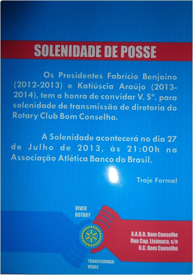 NOVA DIRETORIA DO ROTARY DE BOM CONSELHO SERÁ EMPOSSADA DIA 27