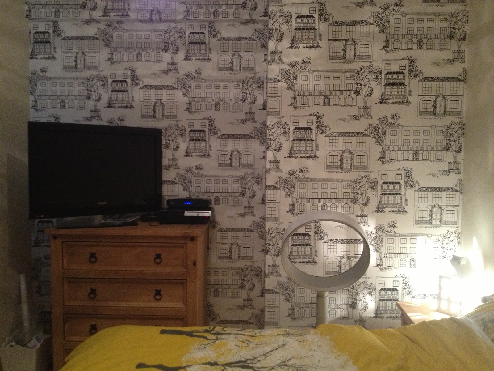 Feature wall...Hampstead Ink Little Greene wallpaper from here . And a ...