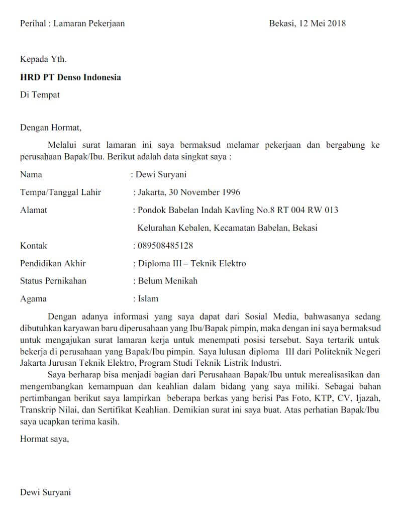 Surat Lamaran Kerja PT Denso Indonesia