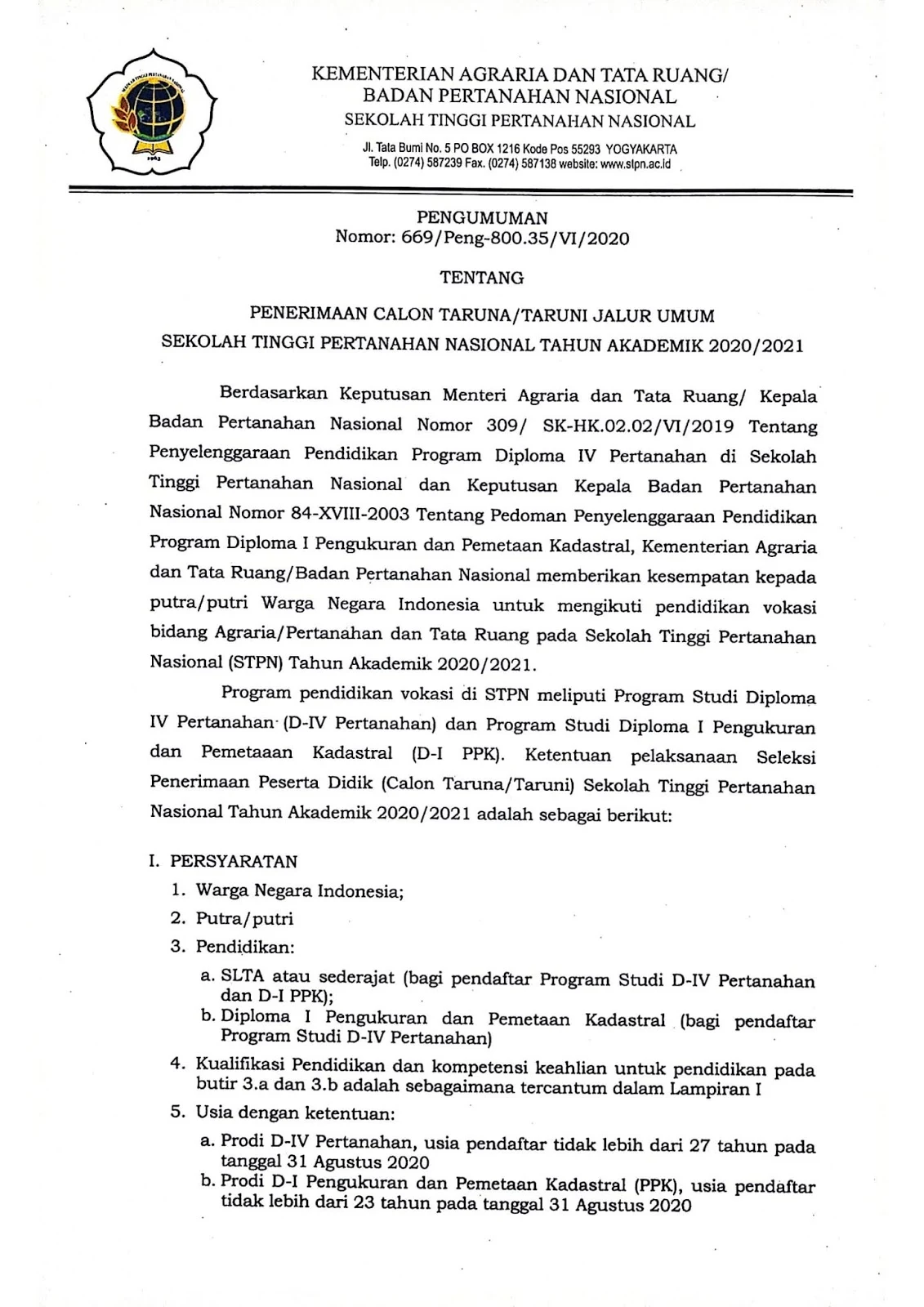 Rekrutmen Catar STPN Kementerian Agraria dan Tata Ruang / Badan Pertanahan Nasional Tahun 2020