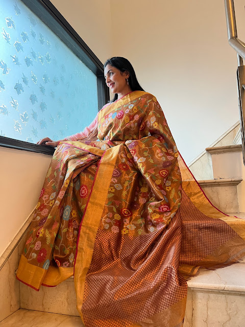 Double tissue kota doria saree with multicolour floral jaal