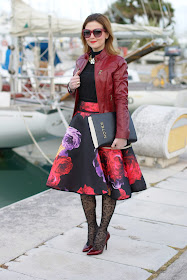 scuba full midi skirt, burgundy leather jacket, Moschino notes bag, Fashion and Cookies, fashion blogger