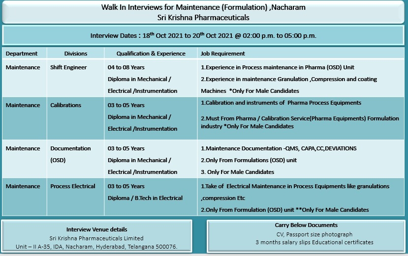 Job Availables,Sri Krishna Pharmaceuticals Walk In Interviews For Diploma in Mechanical/Electrical/Instrumention/ B.Tech in Electrical