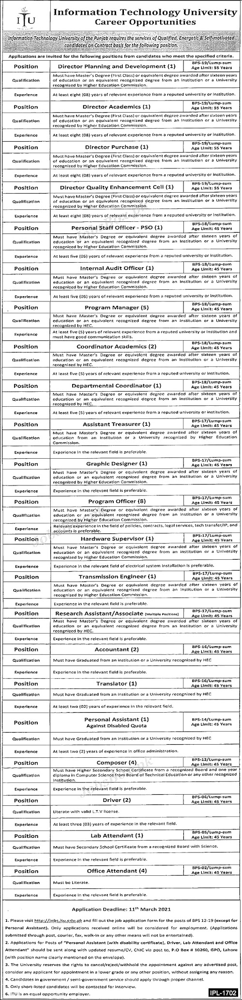 Information Technology university Jobs 2021 Latest Advertisement - ITU jobs ad - Information Technology Jobs in Pakistan 2021