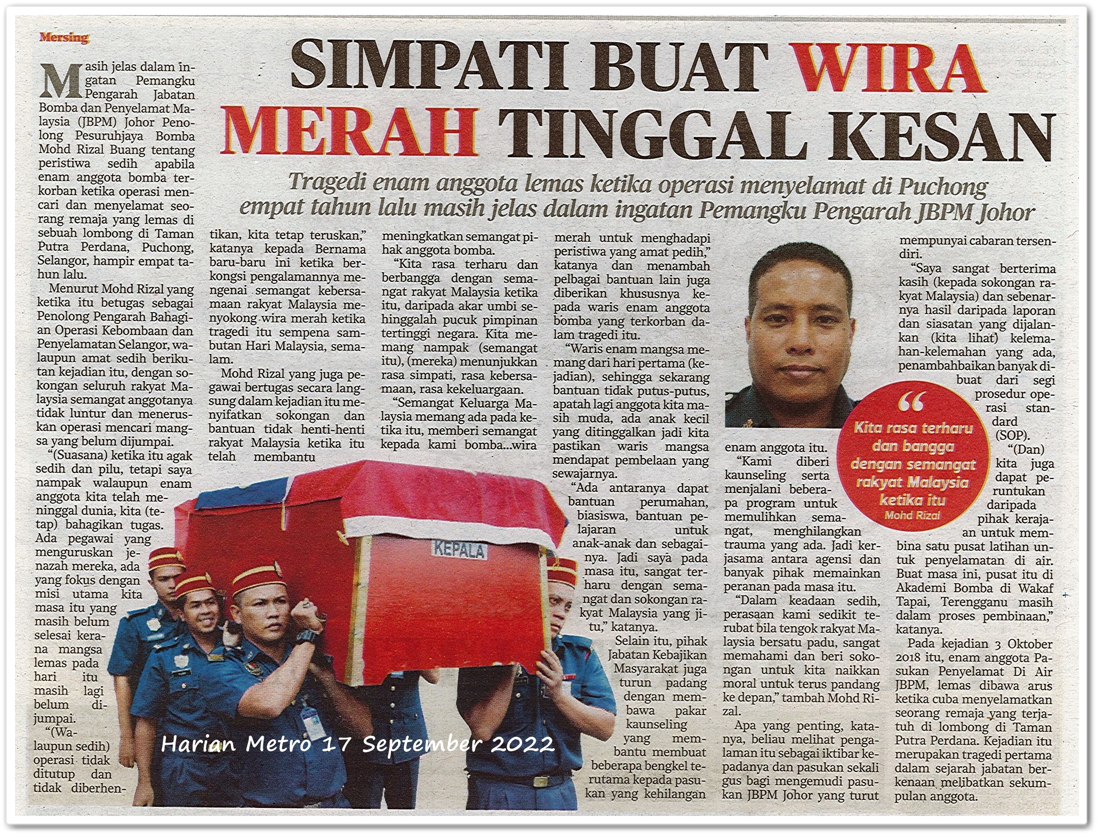 Simpati buat wira merah tinggal kesan - Keratan akhbar Harian Metro 17 September 2022