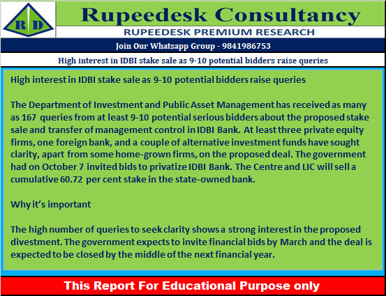 High interest in IDBI stake sale as 9-10 potential bidders raise queries - Rupeedesk Reports - 08.12.2022