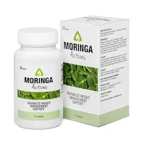 Moringa Actives weight management supplement – 60 capsules bottle and product packaging featuring green moringa leaves. Supports advanced weight loss and appetite control naturally