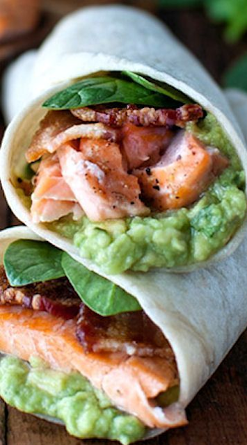 Salmon, Guacamole, and Bacon Wraps