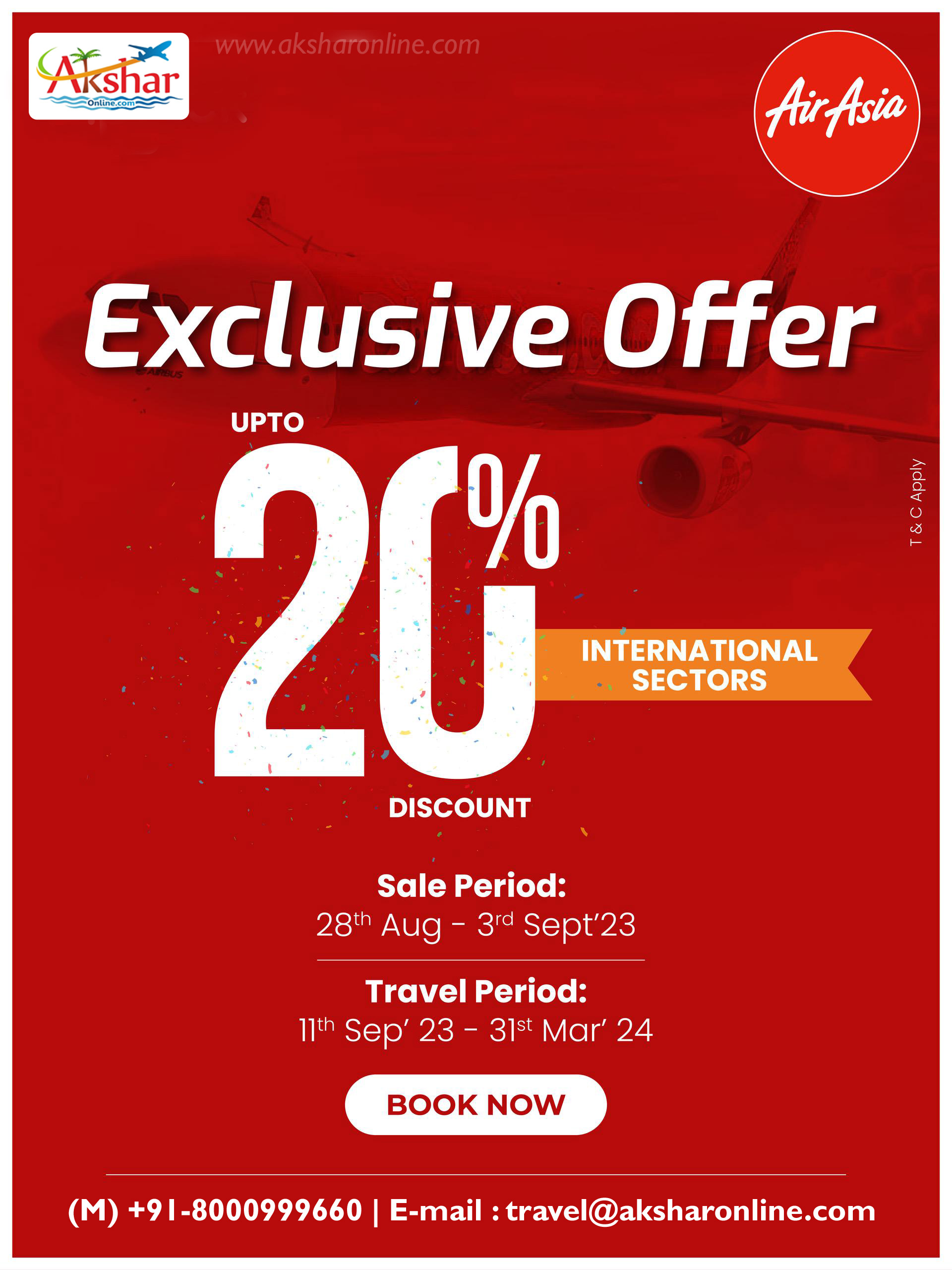 Exlclusive offer - AirAsia Airline - 20% Off - Limited Perior Offer - For booking call us on +91-8000999660 E-mail : travel@aksharonline.com, Airasia airline, airline ticket booking agent, ahmedabad airticket booking agent, hotel booking, tour packages, wire transfer services, forex card and more... vishwas city part-1, r.c.technical road, ghatlodia, ahmedabad - 380061. mitesh patel