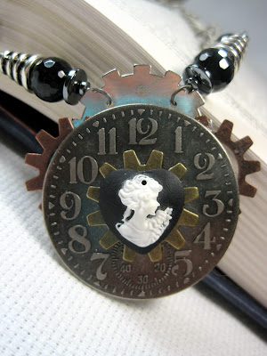 Steampunk style clock and cameo necklace