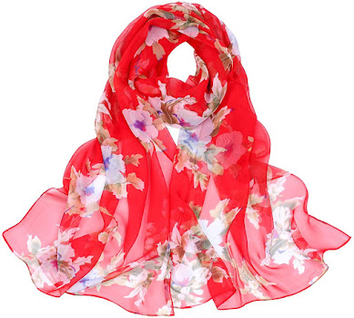 Red Floral Print Chiffon Scarves