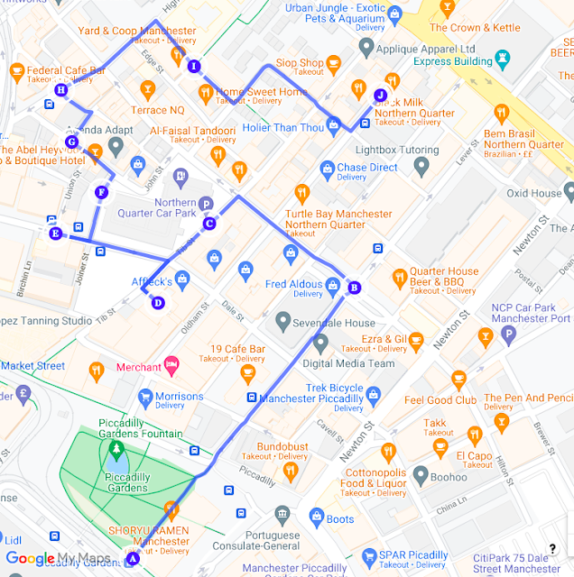 Map of the Northern Quarter with route in blue