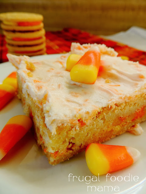 Stuffed with Candy Corn Oreos & topped with a rich candy corn buttercream, these soft, thick Frosted Candy Corn Oreo Cookie Bars are fall perfect.