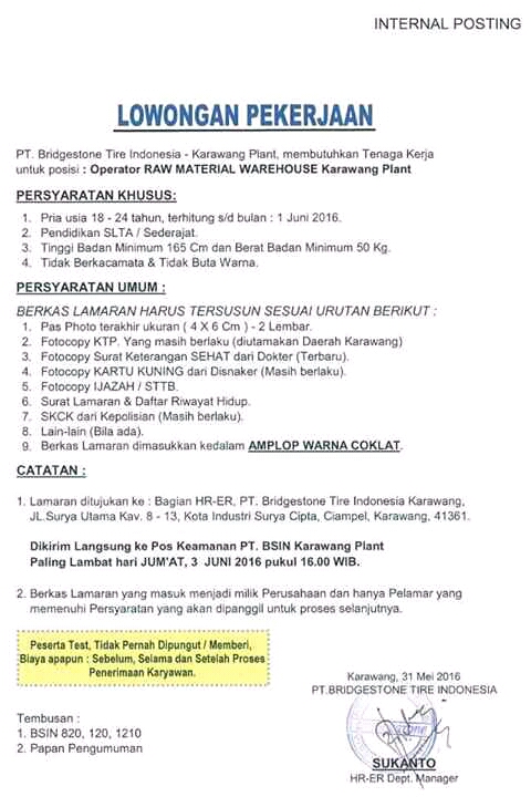 Lowongan kerja PT Brigstone Tire Indonesia  Info Bursa 