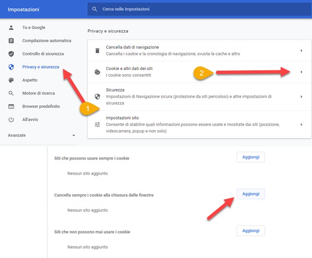 cancellare i cookie di certi siti quando si esce da Chrome