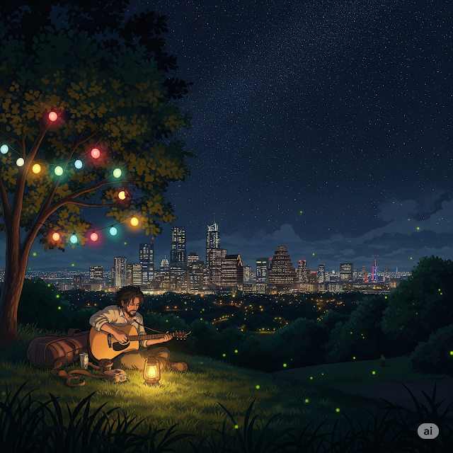 Man plays guitar under colorful bulbs, starry sky.