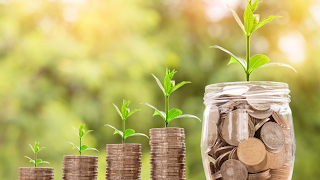 Coins stacked in increasing number until it fills a jar with a plant on it