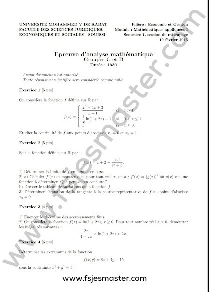 Exemple Examen Licence S1 Epreuve Analyse Mathématique - Fsjes Souissi