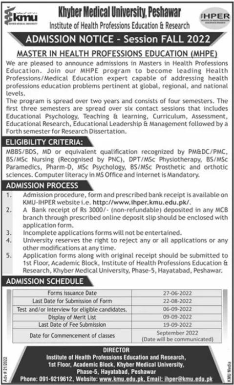 Khyber Medical University Peshawar (MHPE) Admissions 2022