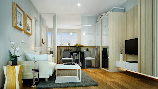 Affordable condo apartments in Bangtao Phuket. Living room and kitchen on this picture.