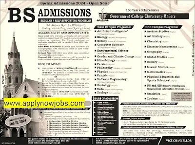 Government College University Lahore (GCU) Online Admission 2024 for BS Degree Programs