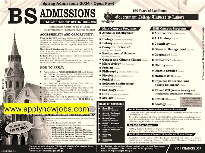 Government College University Lahore (GCU) Online Admission 2024 for BS Degree Programs