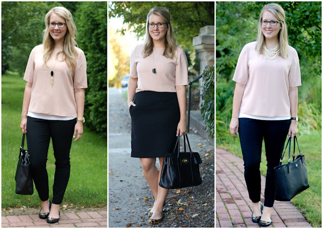 black, blush, and statement necklaces