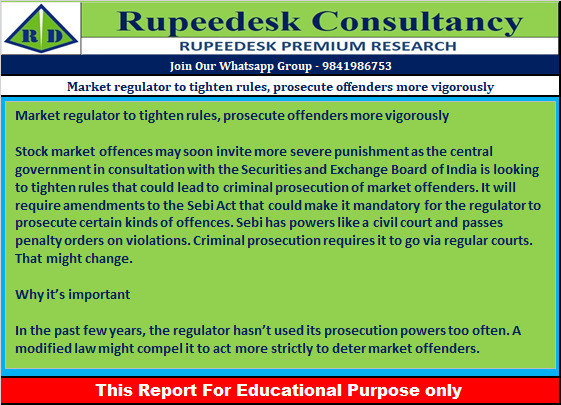 Market regulator to tighten rules, prosecute offenders more vigorously - Rupeedesk Reports - 06.10.2022